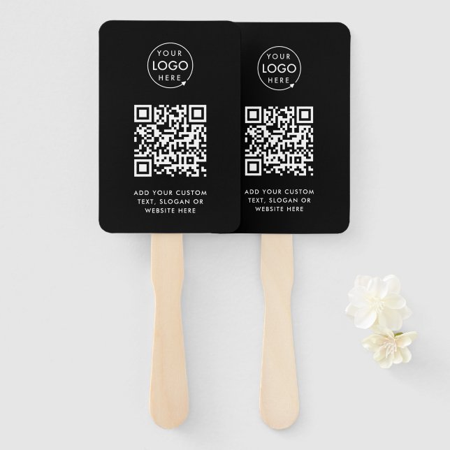 QR Code | Black Business Logo Professional Hand Fan (Front and Back)