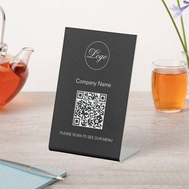 QR Code Black Cafe Menu Logo Modern Black Pedestal Sign (In SItu)