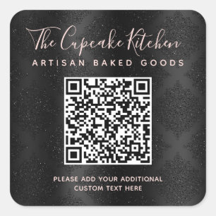 QR Code Black Damask Blush Pink Type Business Name Square Sticker
