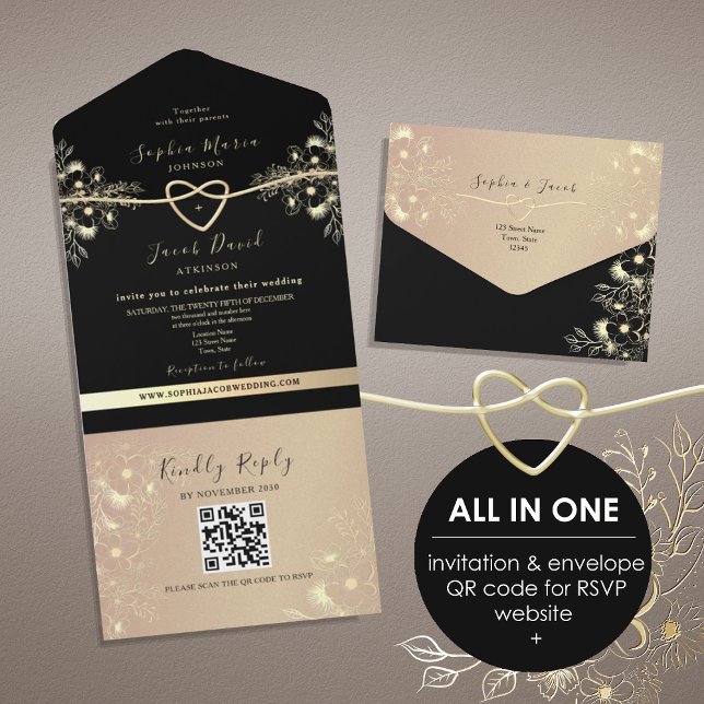 QR Code Black Gold Floral Wedding All In One Invitation (Creator Uploaded)