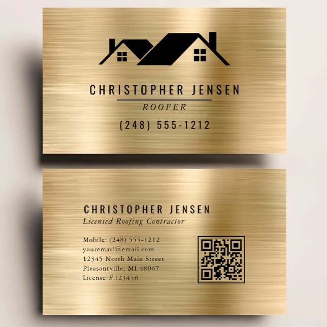 QR Code Black Gold Metallic Roofing Business  Card (Creator Uploaded)
