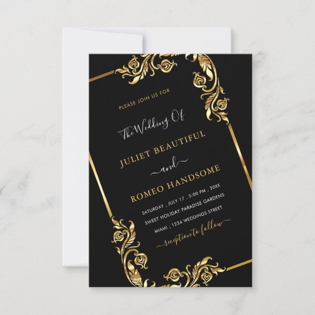 QR Code Black Gold Wedding Invitation Template (Front)