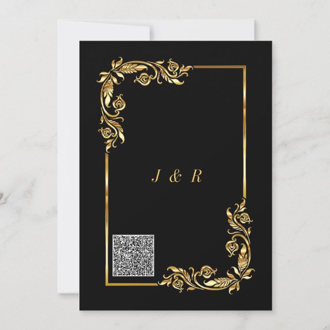 QR Code Black Gold Wedding Invitation Template (Back)
