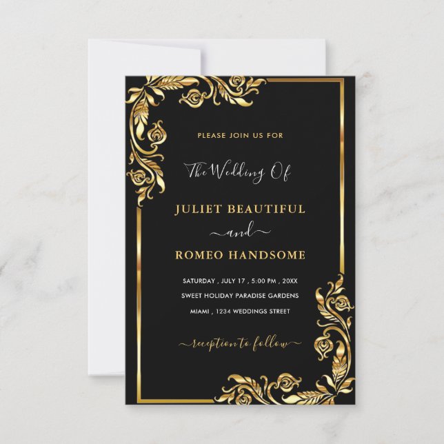 QR Code Black Gold Wedding Invitation Template (Front)