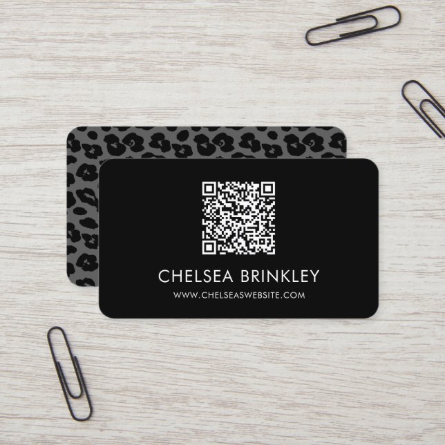 QR Code Black Leopard Print Business Card (Front/Back In Situ)