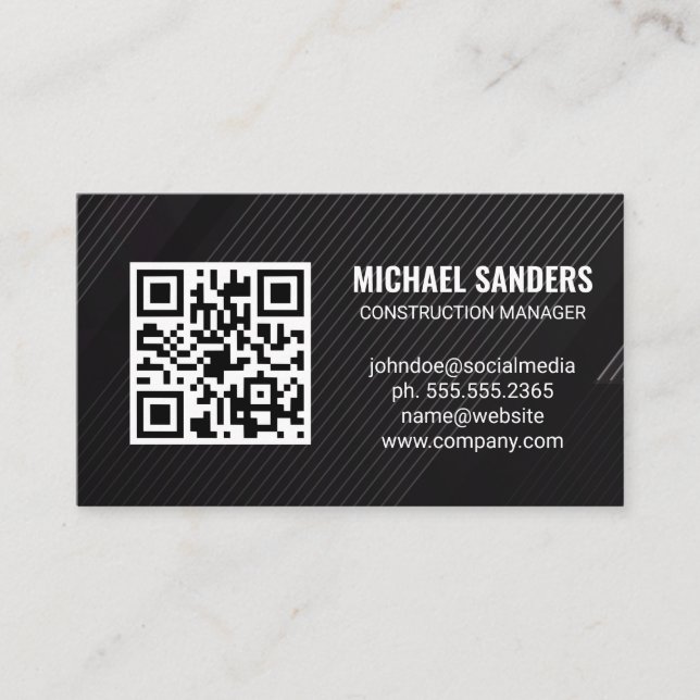 QR Code | Black Lines Background Business Card (Front)