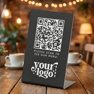 QR Code Black Menu Logo Contactless Modern Cafe Pedestal Sign