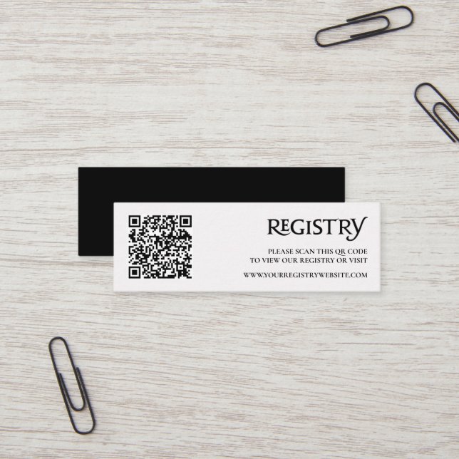 QR Code Black Modern Royal Chic Registry Enclosure Mini Business Card (Front/Back In Situ)