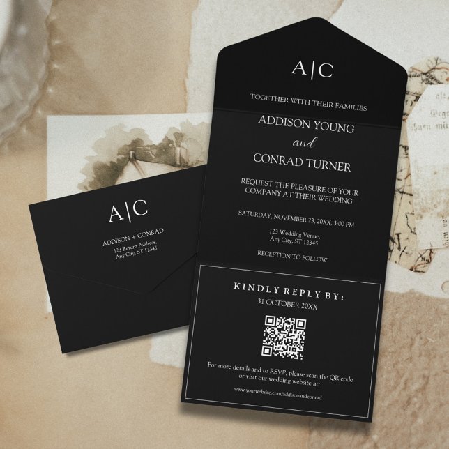 QR Code Black Monogram Wedding All In One Invitation (Creator Uploaded)