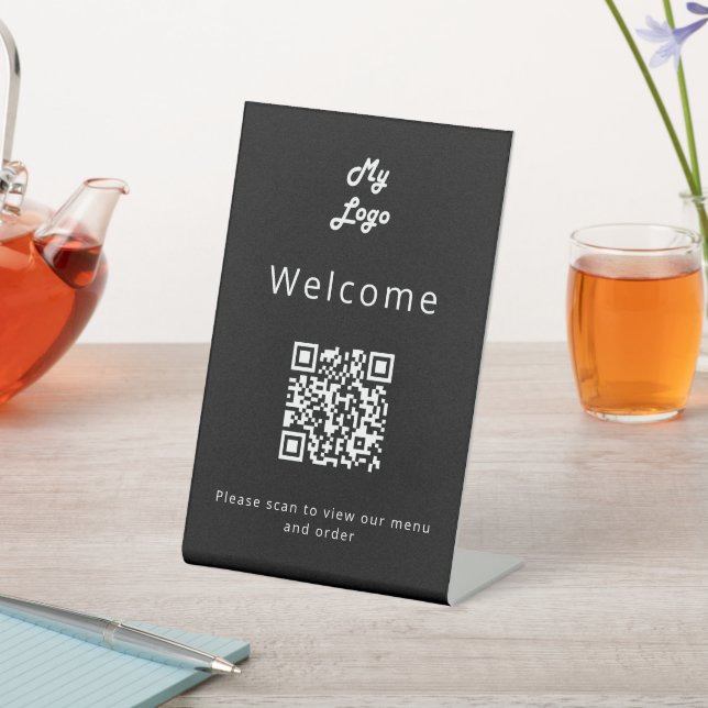 QR code black restaurant diner bar menu  Pedestal Sign (In SItu)