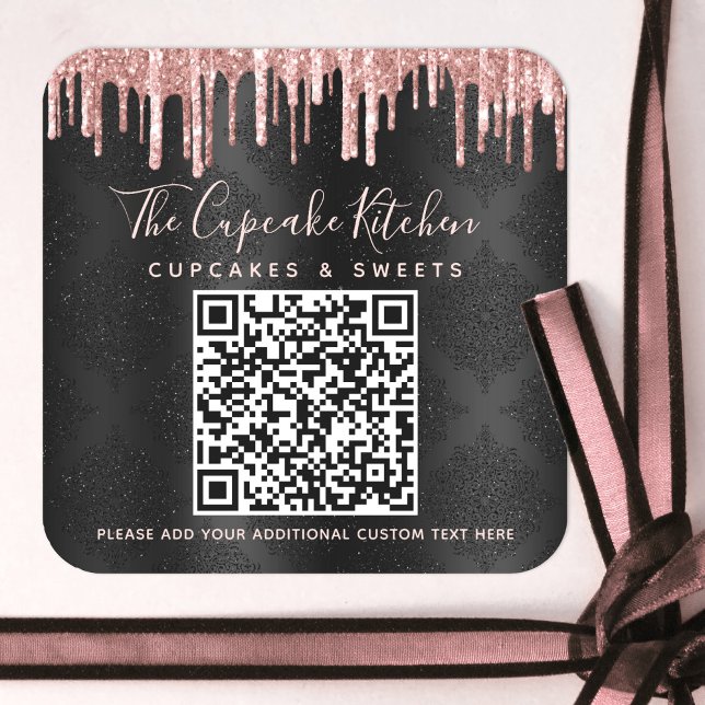 QR Code Black Rose Gold Glitter Drip Business Name Square Sticker (Creator Uploaded)