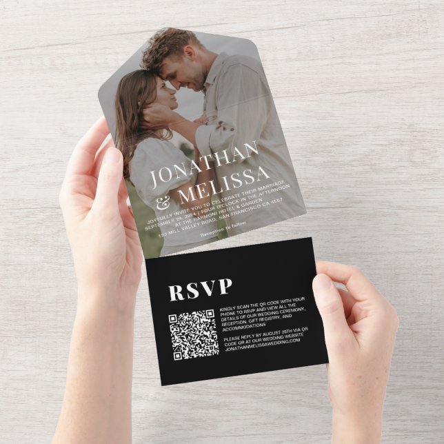 QR Code |  Black Simple Overlay Photo Wedding All In One Invitation (Tearaway)
