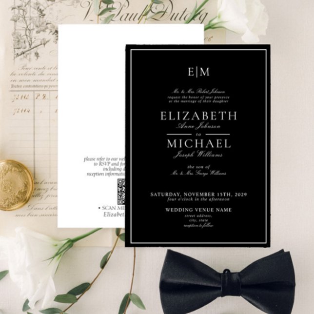 QR Code Black White Classic Monogram Wedding Invitation (Creator Uploaded)