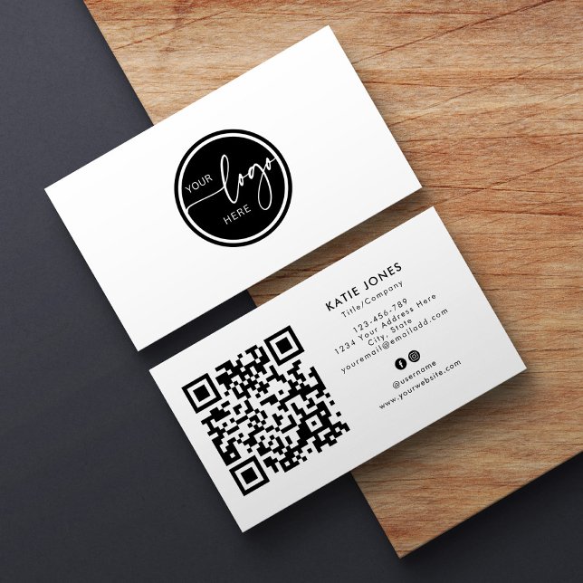 QR Code Black White Custom Circle Your Logo Business Card (Creator Uploaded)
