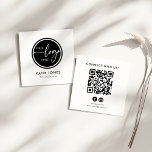 QR Code Black White Custom Logo Connect with Us Square Business Card<br><div class="desc">A modern minimalist and simple black and white logo square business card featuring a personalized company or business logo in the front with your name, your title or company's name. At the back is a custom QR code where you can place your website link, at the bottom of it is...</div>