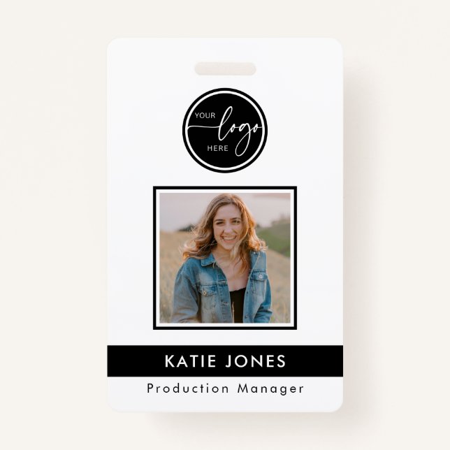 QR Code Black White Custom Logo Employee Photo ID Badge (Front)