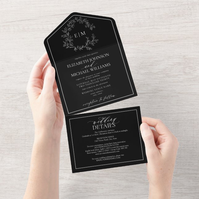 QR Code Black White Leafy Crest Monogram Wedding All In One Invitation (Tearaway)