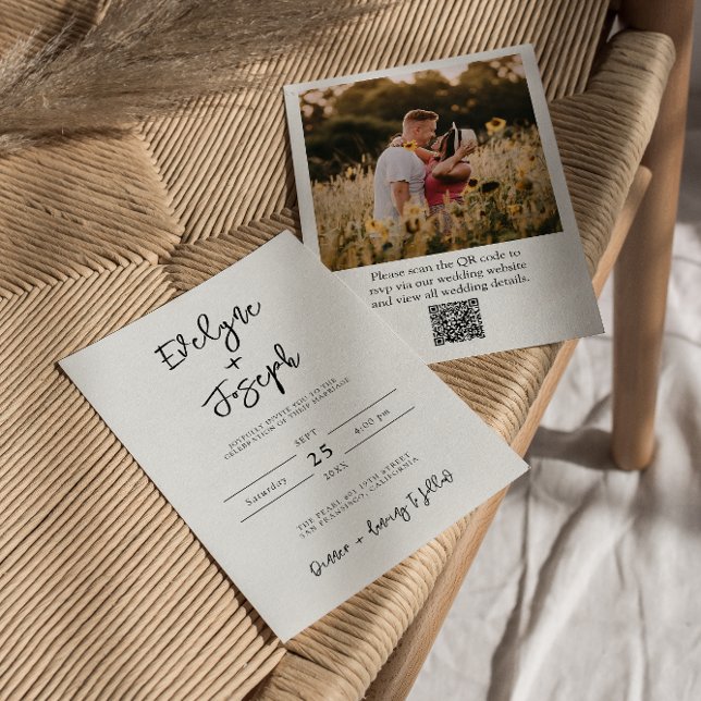 QR Code Black & White Photo Boho Modern Wedding Invitation (Creator Uploaded)