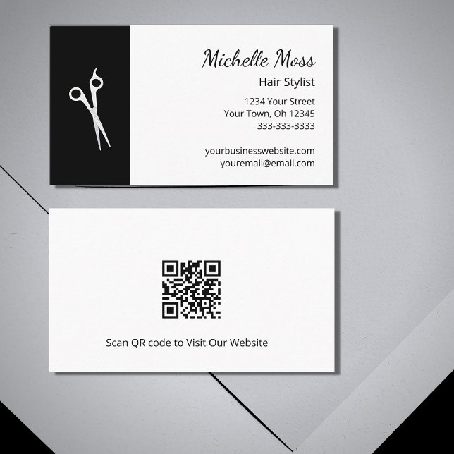 QR code Black White Scissors Hair Stylist   Business Card (Creator Uploaded)