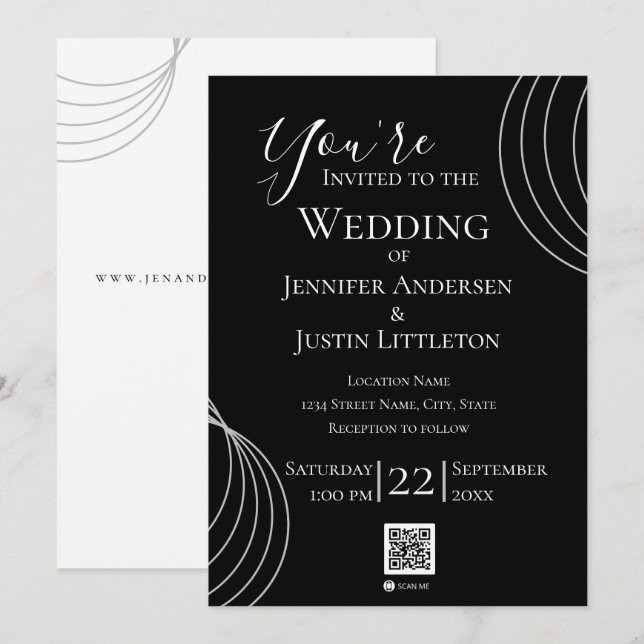 QR Code Black White Wedding Invitation (Front/Back)