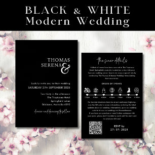 QR Code Black & White Wedding Itinerary Timeline Invitation