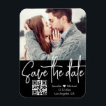 qr code black white wedding photo save the date magnet<br><div class="desc">qr code modern white handwriting black background wedding photo Save the Date magnet, custom.
you can change background colour and font colour and style.</div>