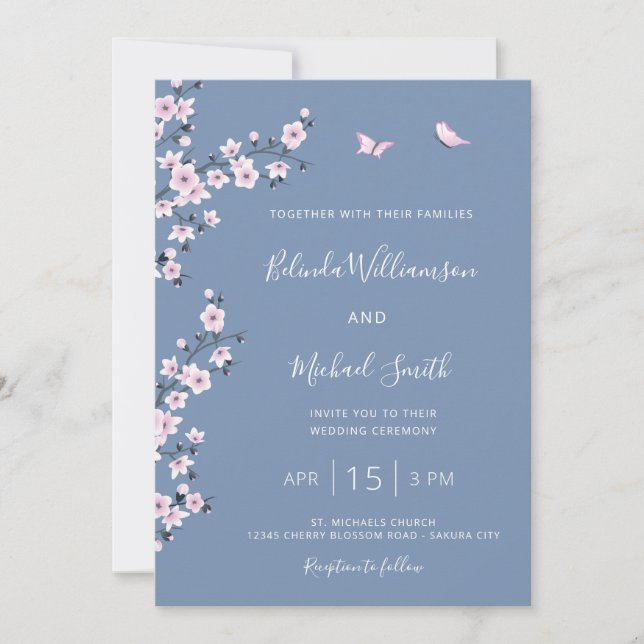 QR Code Blue Cherry Blossom Wedding Invitation (Front)