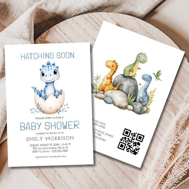 QR Code Blue Dinosaur Hatching Soon Baby Shower Invitation (Creator Uploaded)