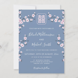 QR Code Blue Dusty Pink Chinese Wedding Invitation