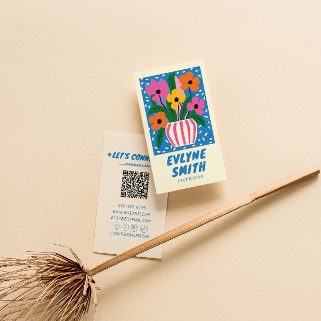 QR Code Blue Hand Drawn Written Retro Funky Floral Business Card (Creator Uploaded)