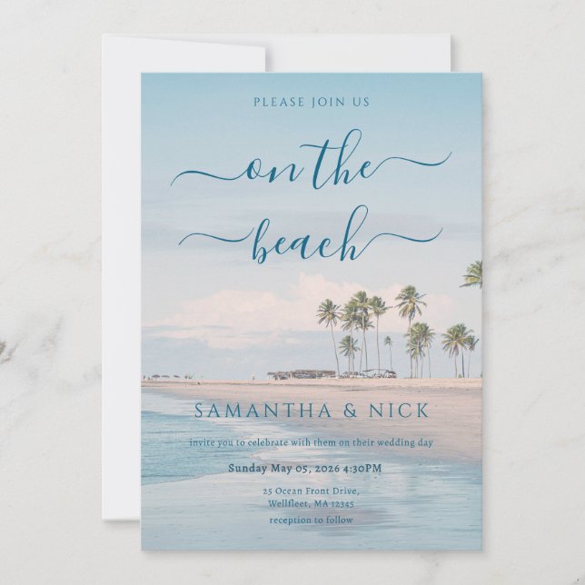 QR Code Blue Ocean Palm Tree Beach Wedding Invitation (Front)