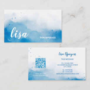 QR Code Blue  Watercolor Background Business Card