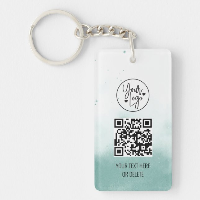 QR Code Blue Watercolor Business Logo Professional Keychain (Front)