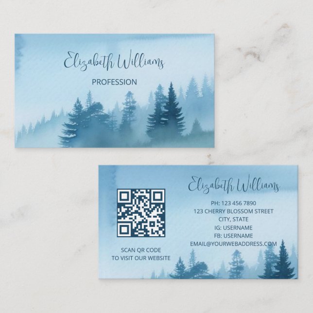 QR Code Blue  Watercolor Pine Forest Business Card (Front/Back)