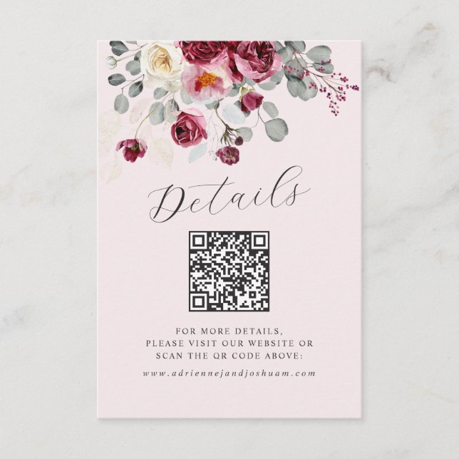 QR Code Blush & Burgundy Floral Pink Wedding Enclosure Card (Front)