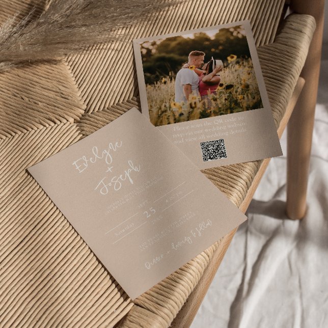 QR Code Blush Peachy Photo Boho Modern Wedding Invitation (Creator Uploaded)