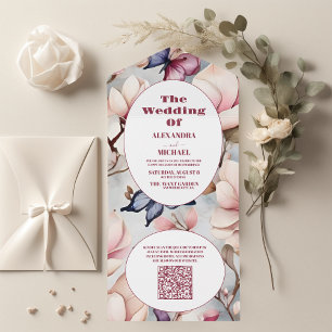 QR Code Blush Pink Magnolia Floral Wedding All In One Invitation