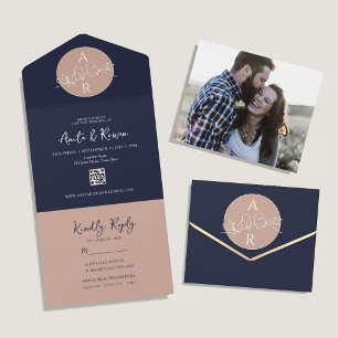 QR Code Blush Pink Navy Blue Wedding All In One Invitation
