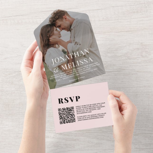 QR Code |  Blush Pink Simple Overlay Photo Wedding All In One Invitation (Tearaway)