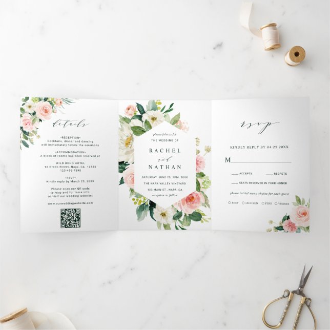 QR Code Blush White Bloom Floral Wedding Tri-Fold Invitation (Inside)