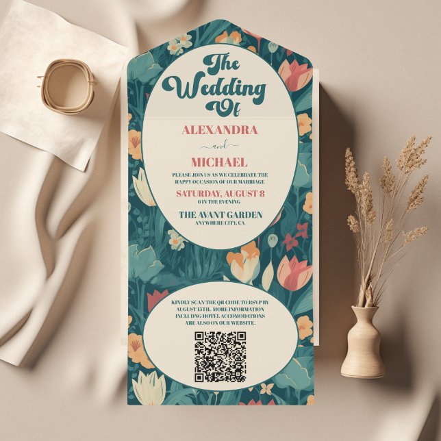 QR Code Boho Chic Retro Colourful Floral Wedding  All In One Invitation (Creator Uploaded)