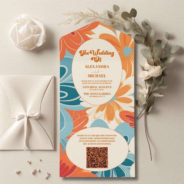 QR Code Boho Chic Retro Colourful Floral Wedding All In One Invitation (Creator Uploaded)