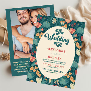 QR Code Boho Chic Retro Colourful Floral Wedding  Invitation