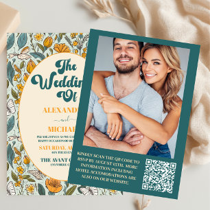 QR Code Boho Chic Retro Colourful Floral Wedding  Invitation
