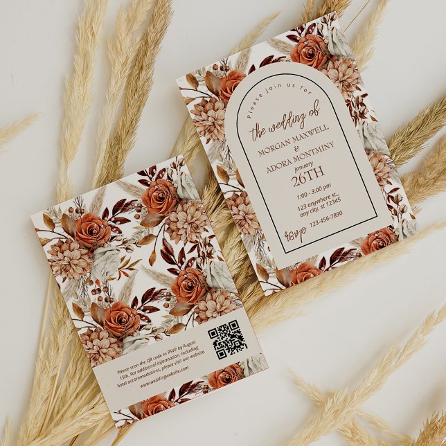 QR Code Boho Neutral Watercolor Pampas Wedding Invitation (Creator Uploaded)