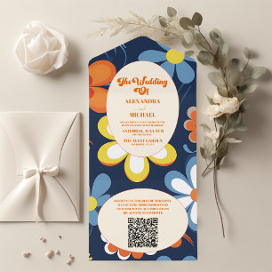 QR Code Boho Retro  Floral Wedding All In One Invitation