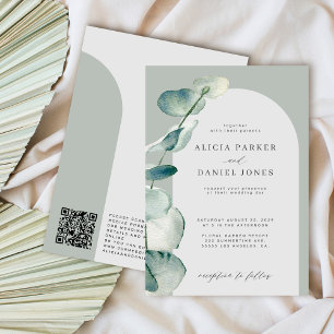 QR code boho sage green arch eucalyptus wedding Invitation