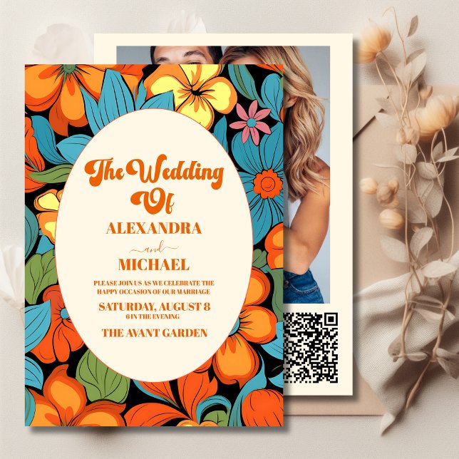 QR Code Boho Seventies Retro Floral Wedding Invitation (Creator Uploaded)
