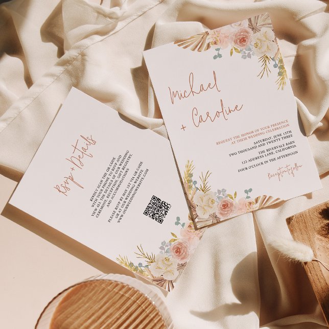 QR Code Boho Terracotta Pampas Floral Wedding Invitation (Creator Uploaded)
