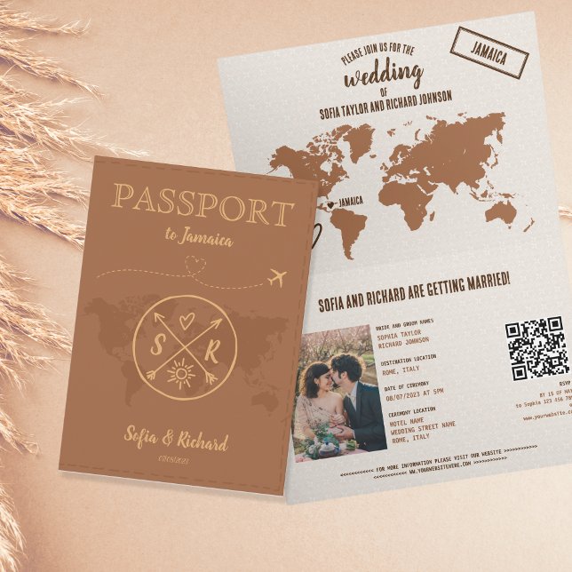 QR Code Boho Wedding Destination Passport Map Invi Invitation (Creator Uploaded)